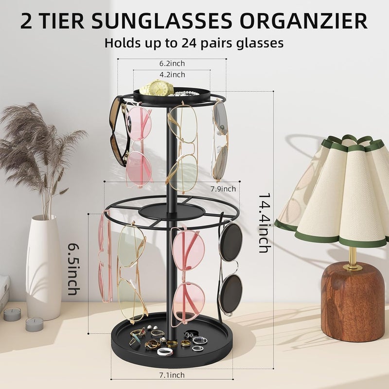LSK 2 Tier Metal Sunglasses Organzier, Glasses Holder Stand with Storage Trays, Sunglasses Organizer Storage with Anti-Slip Pads for Tabletop, Desk, Dresser, Black - Image 4